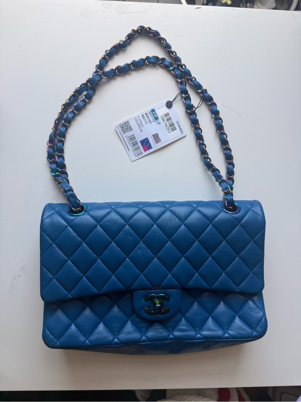 CHANEL Quilted Shoulder Bag in Blue Teal Lambskin and Iridescent Hardware
